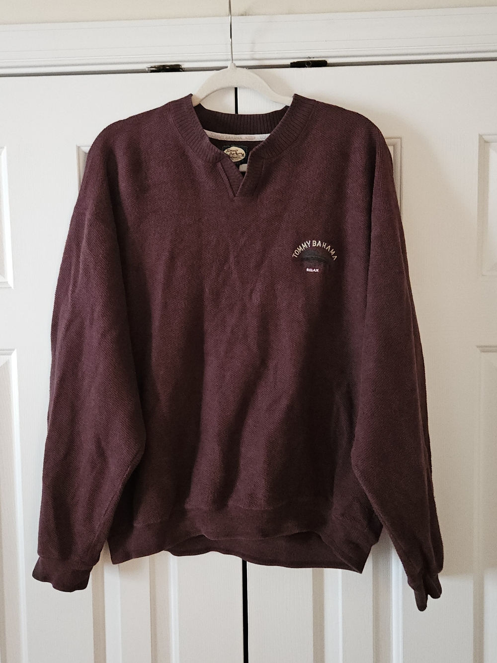 Tommy Bahama Burgundy Cotton Knit V-Neck Embroidered Logo Sweatshirt Men L